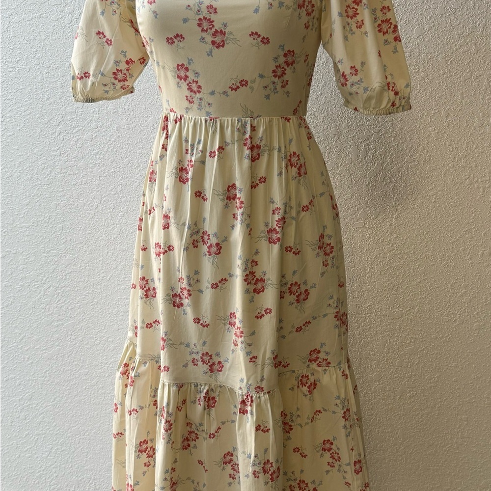 WAYF Whisper Cottage-Core‎ Square Neck Back Tie Ivory Floral Print Ivory Sz S - Picture 10 of 16